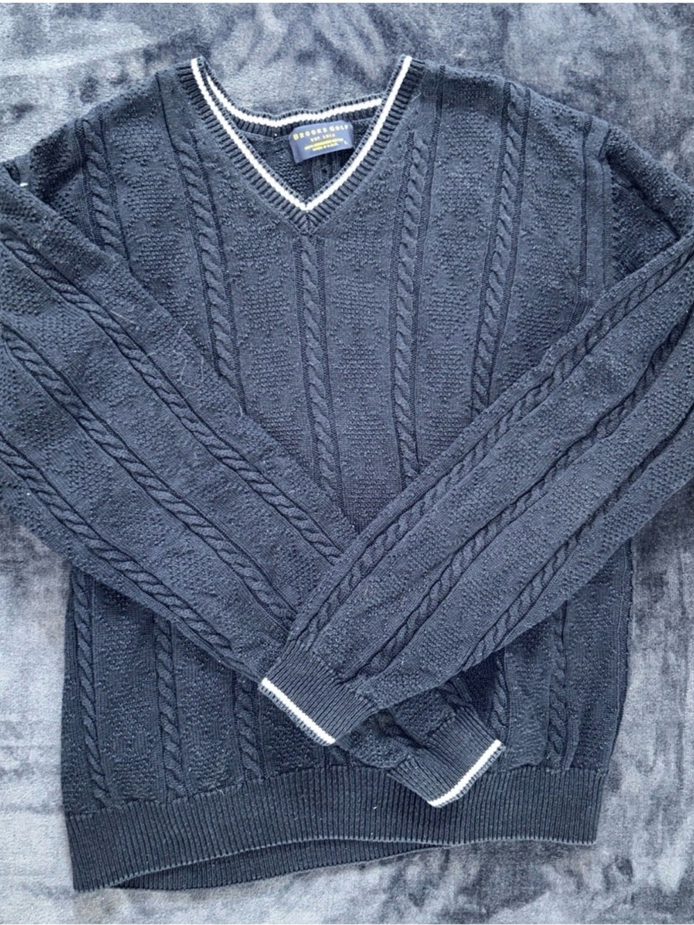 VTG Brooks Brothers Golf L Cable Knit Sweater Navy Blue Cotton USA Made V-Neck